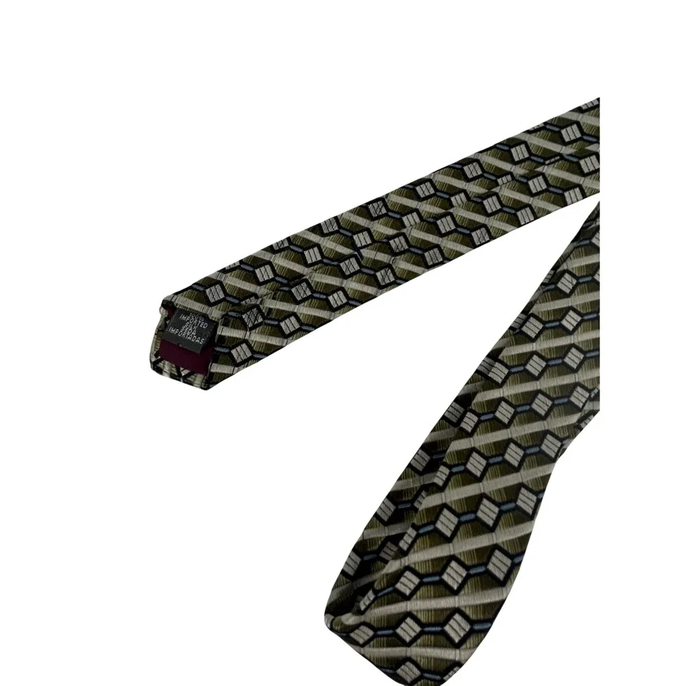 Brandini Le Collezioni Mens Silk Necktie Green Grey Geometric Pattern Tie